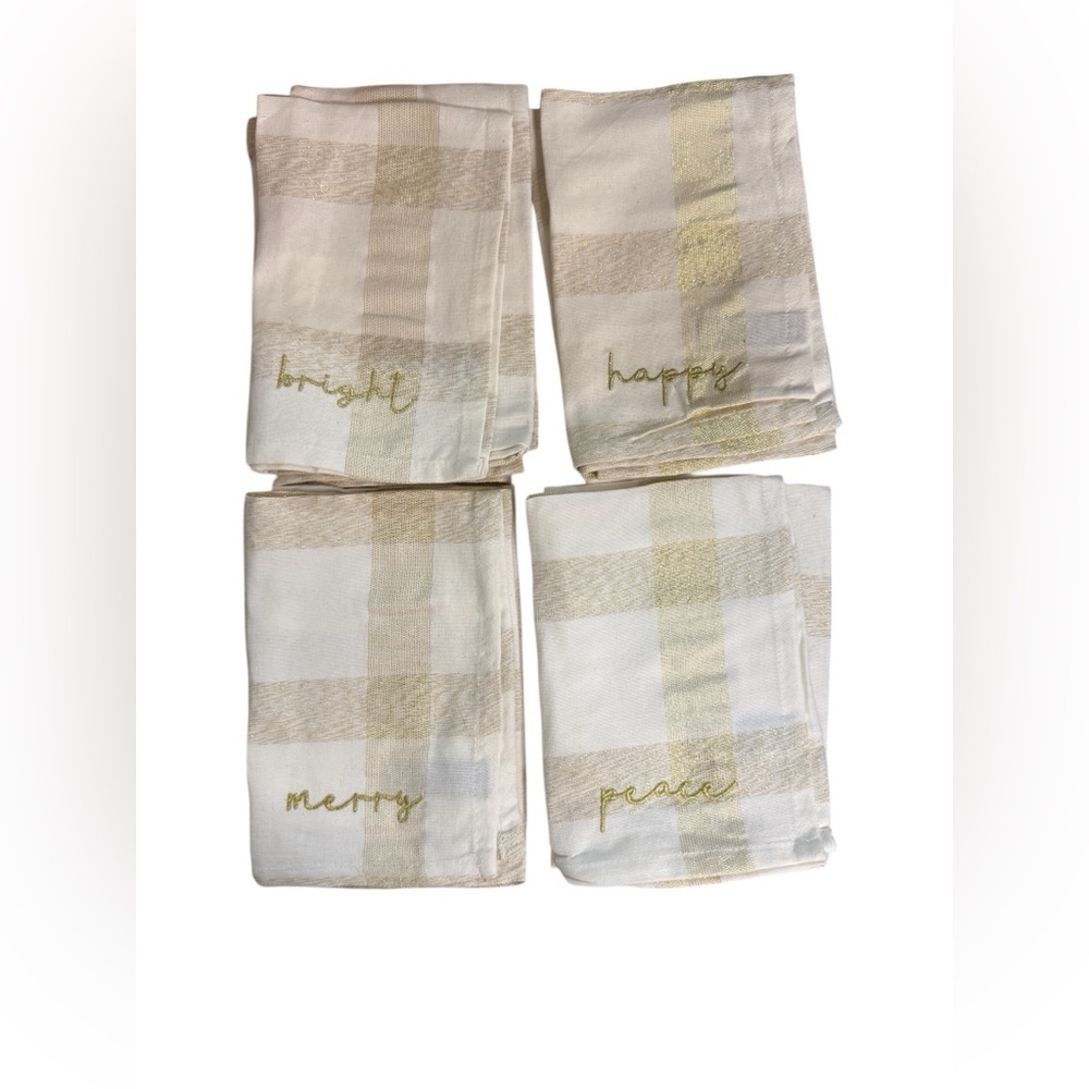 Rachel Zoe Set of 8 Holiday Plaid Napkins Gold Script Bright Happy Merry Peace